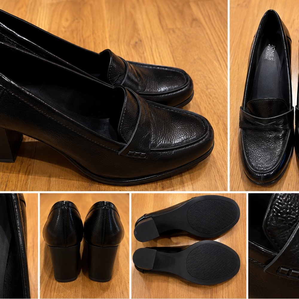 Jones New York Black Leather Block Heel Penny Loafer